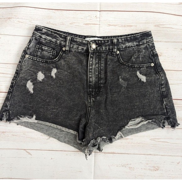 DENIM BLVD Pants - Denim Blvd Womens Cutoff Jean Shorts Size M Hi Rise Frayed Edge Grey Charcoal